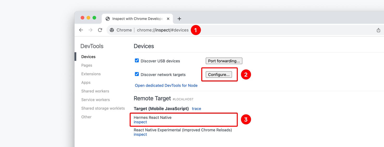 Chrome 检查界面的概述和连接的 Hermes 调试器窗口